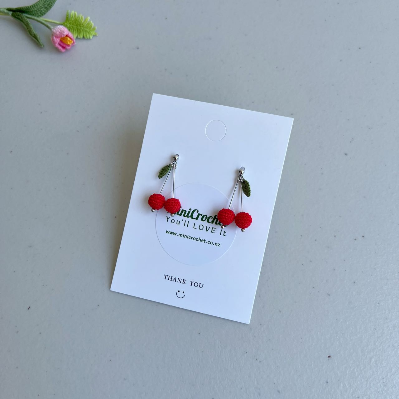 Micro Crochet Cherry Earrings Sterling Silver S925