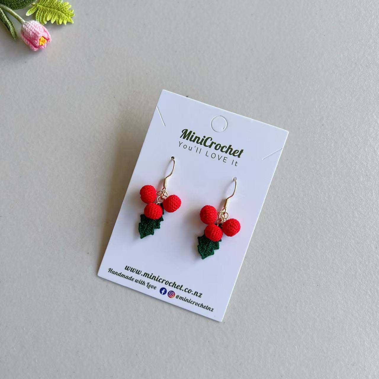 Micro Crochet Holly Fruit Earrings | Unique Gifts for Her