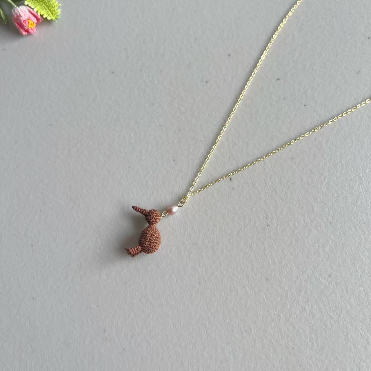 Micro Crochet Kiwi Bird Necklace with Freshwater Pearl