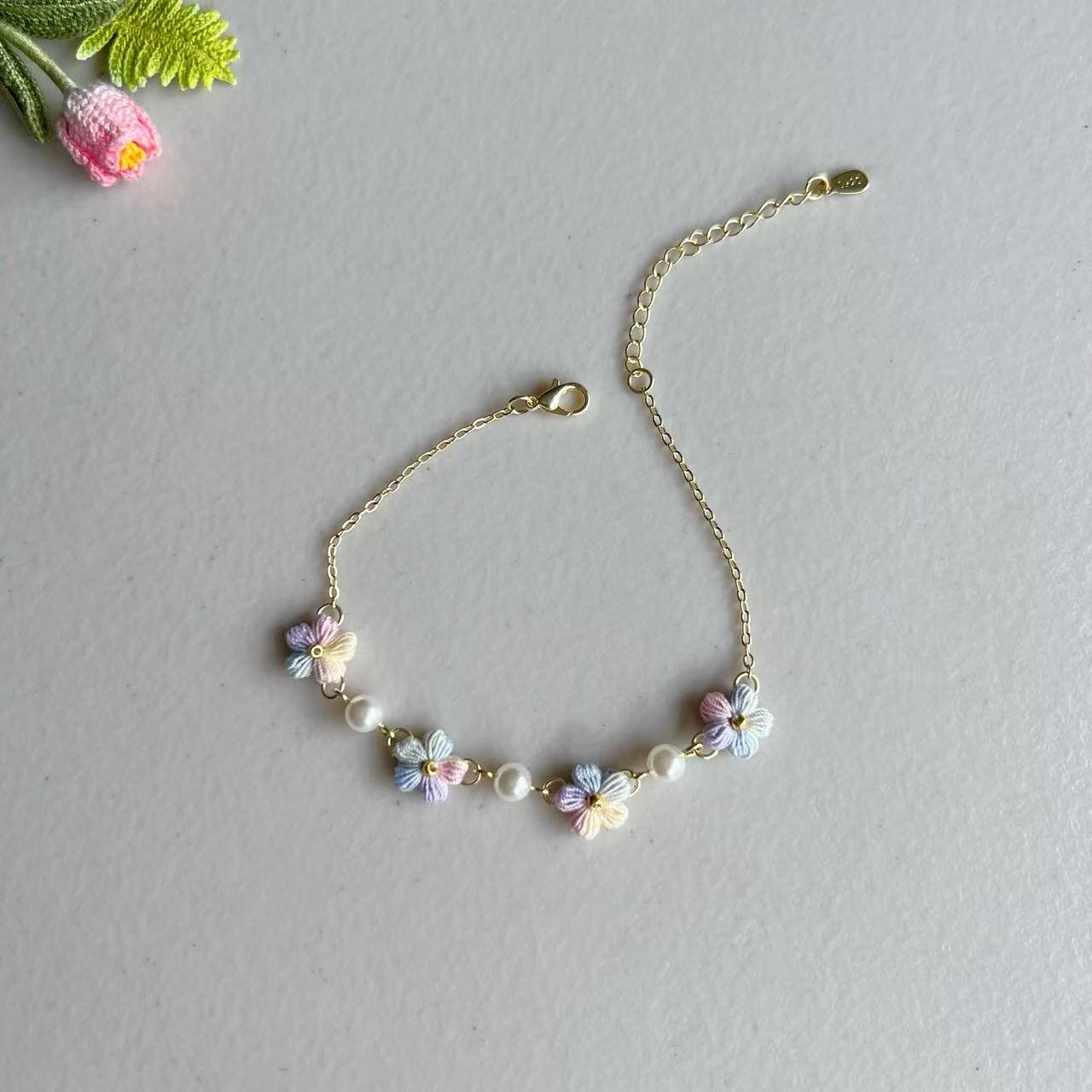 Micro Crochet Flower Bracelet with Pearls | Handmade Jewellery