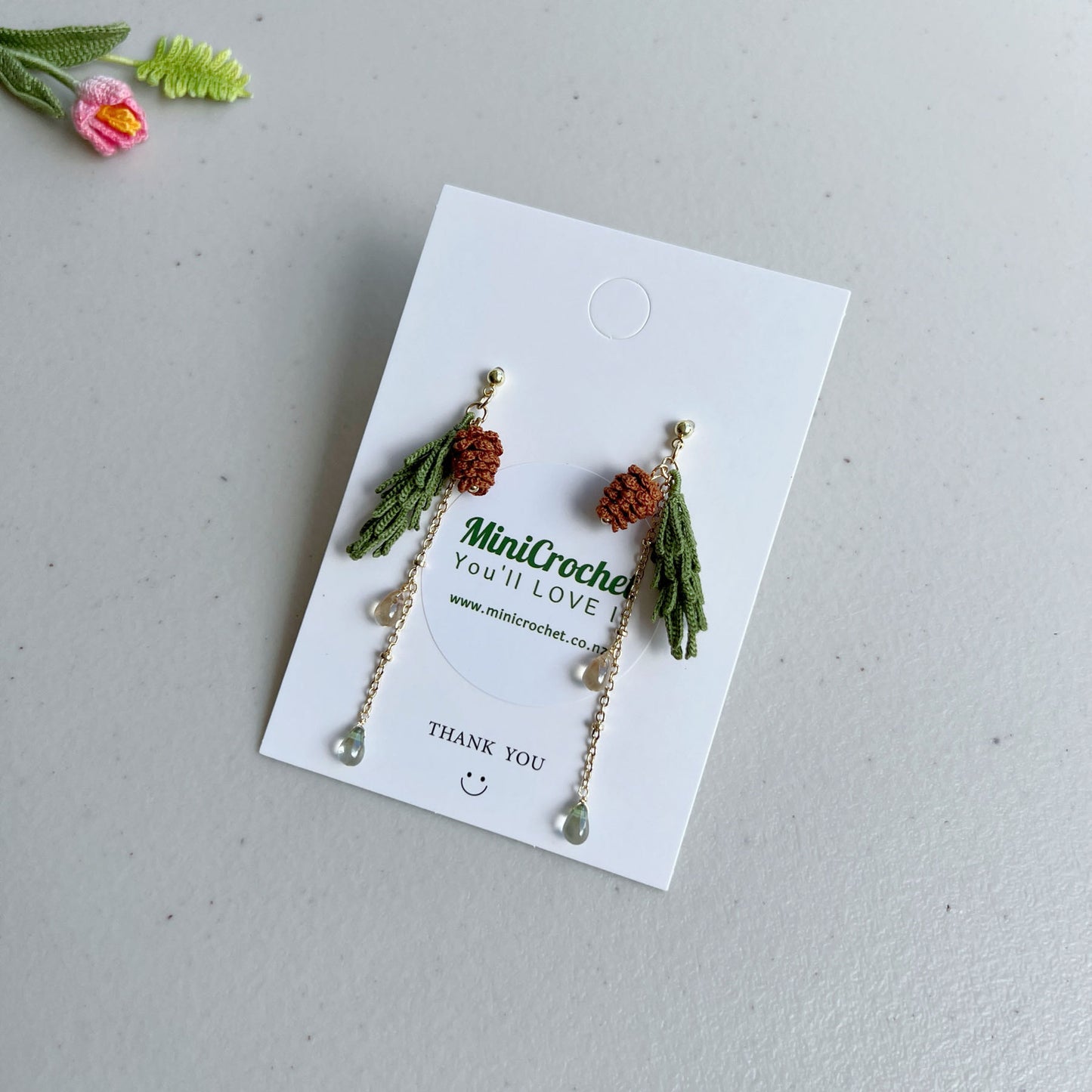 Micro Crochet Pine Needle and Cone Dangle Earrings