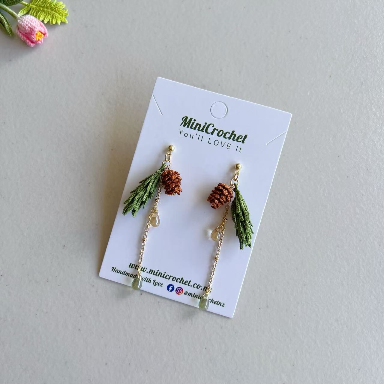 Micro Crochet Pine Needle and Cone Dangle Earrings