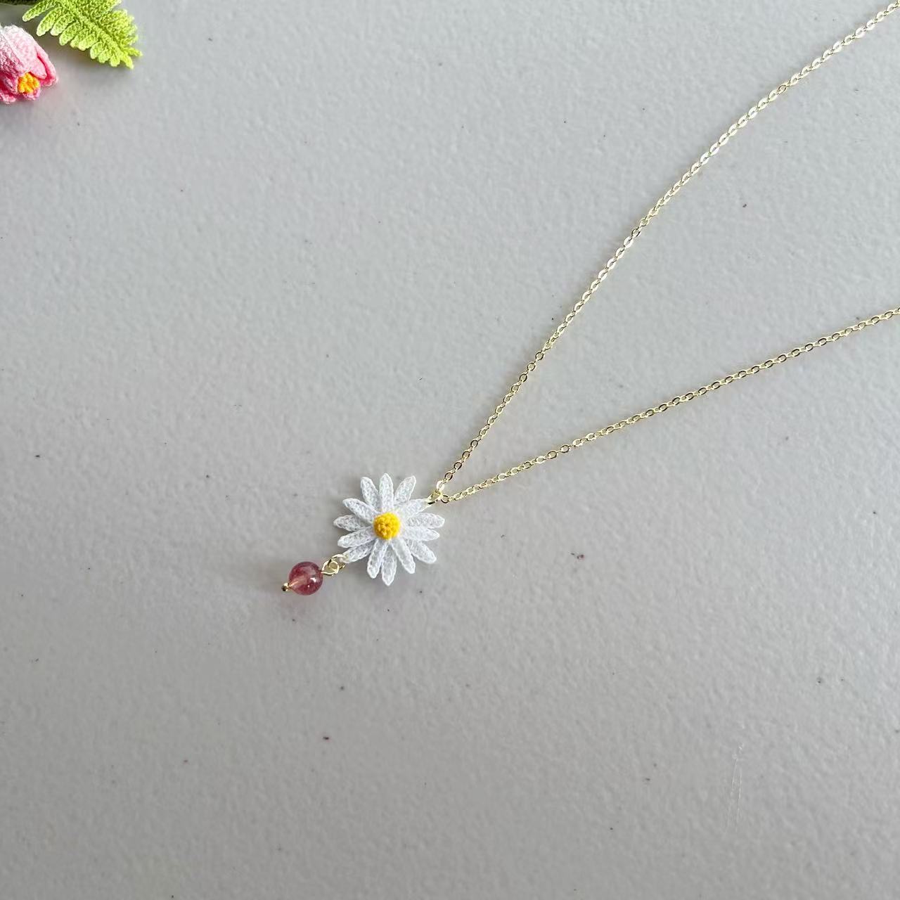 Micro Crochet Daisy Flower Necklace with Strawberry Quartz