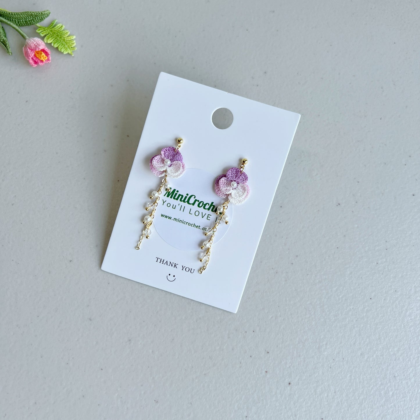 Crochet Viola Tricolour Dangle Earrings | Handmade Flower Earrings | Special Gift for Her