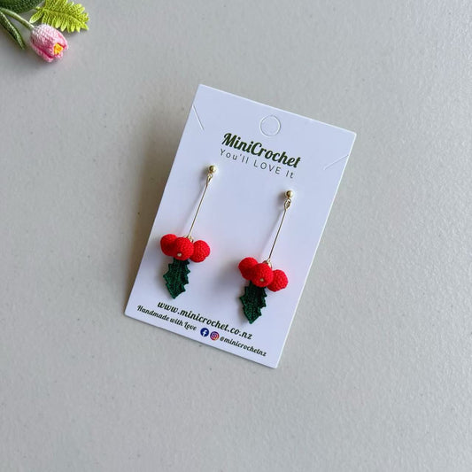 Micro Crochet Holly Fruit Earrings | Unique Gifts for Her