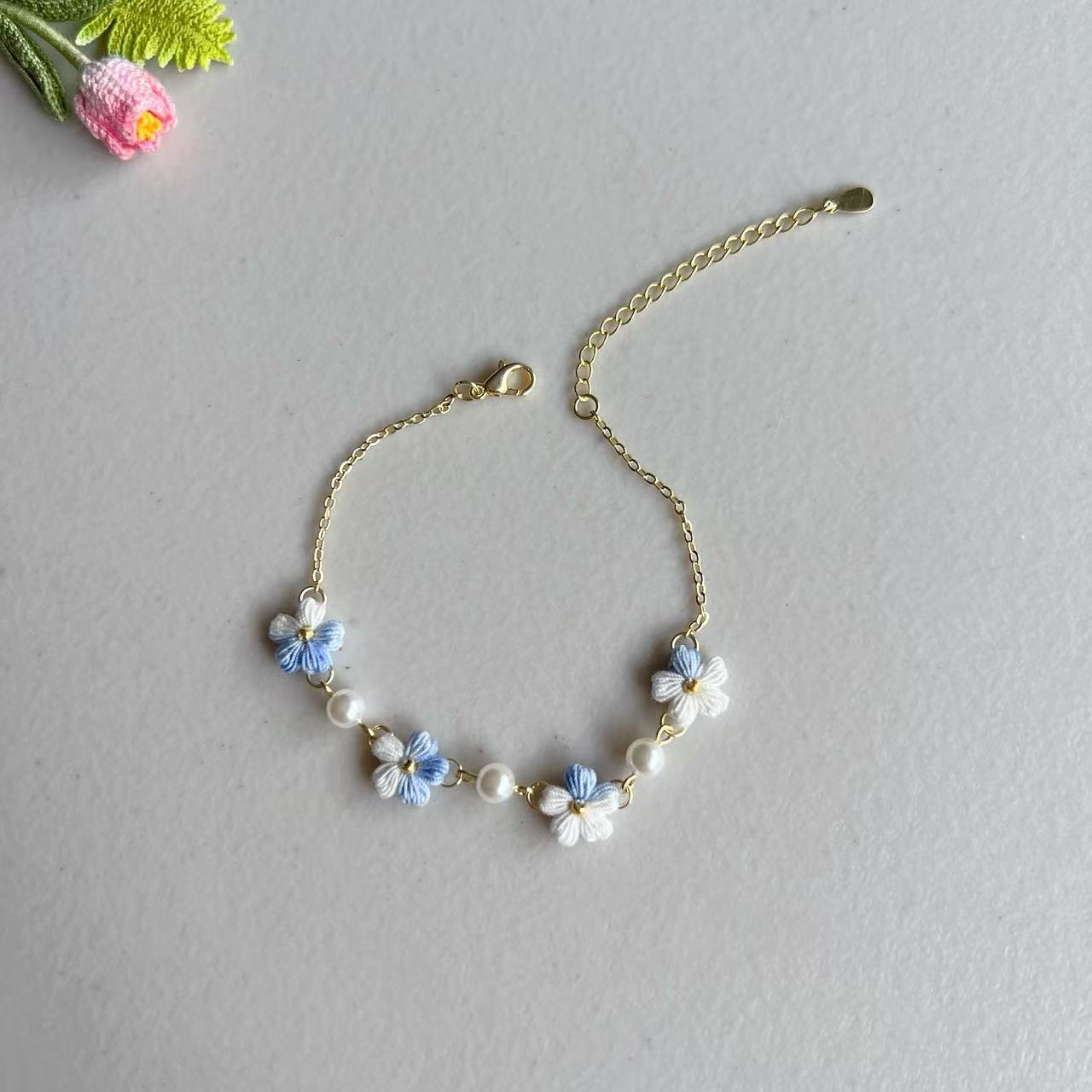 Micro Crochet Flower Bracelet with Pearls | Handmade Jewellery