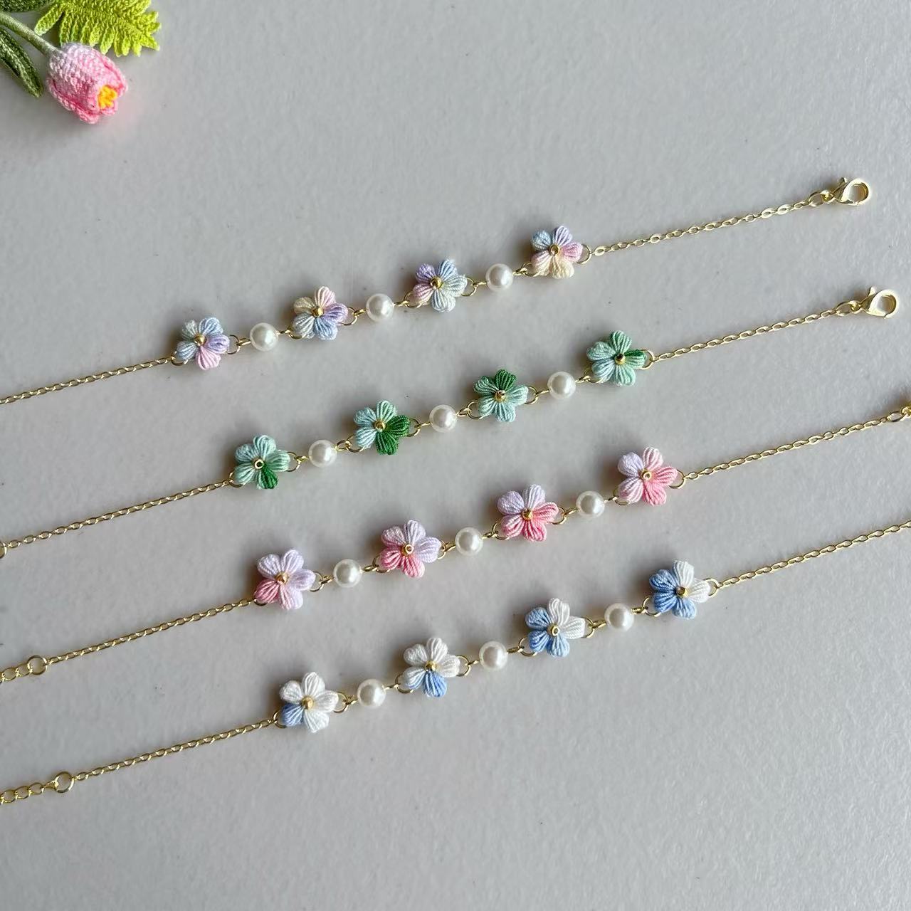Micro Crochet Flower Bracelet with Pearls | Handmade Jewellery
