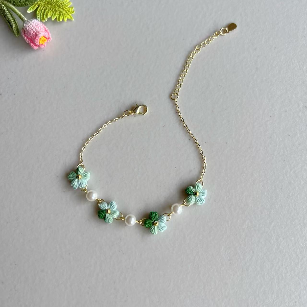 Micro Crochet Flower Bracelet with Pearls | Handmade Jewellery