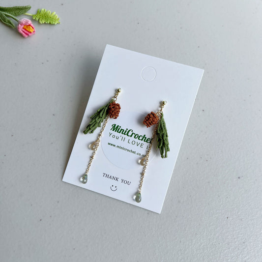 Micro Crochet Pine Needle and Cone Dangle Earrings