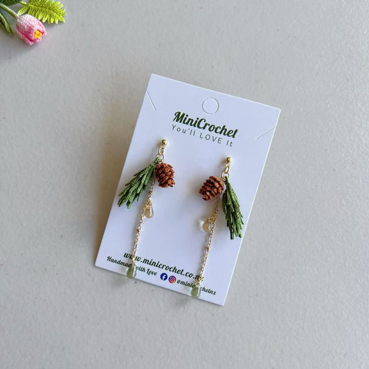 Micro Crochet Pine Needle and Cone Dangle Earrings